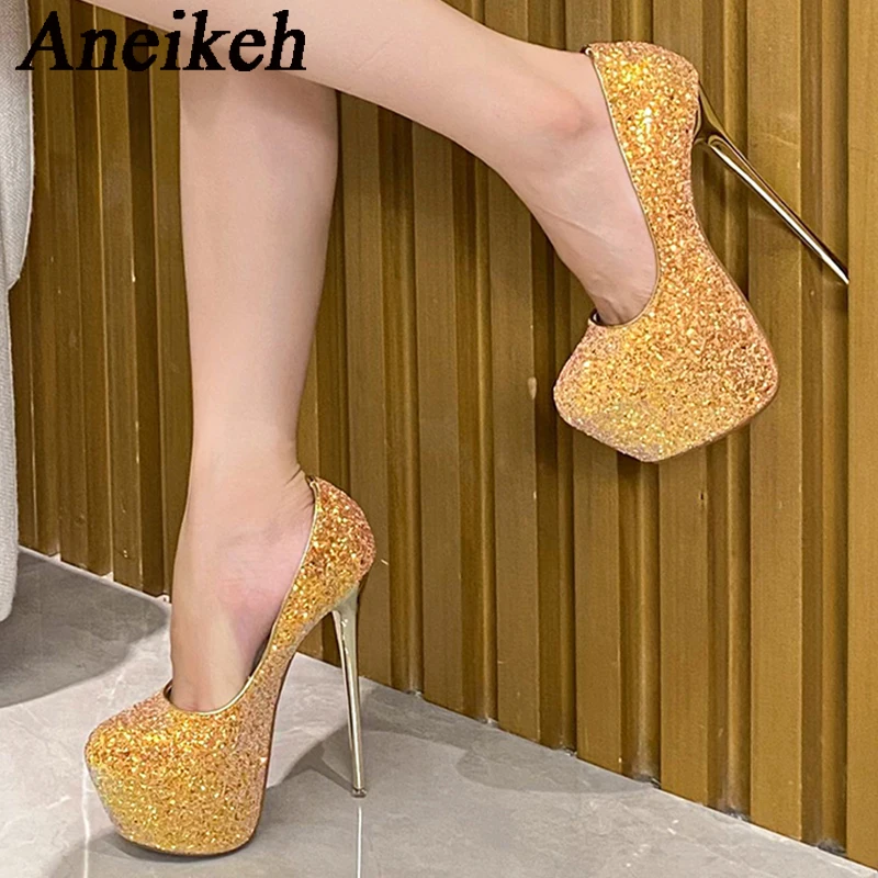 Aneikeh2024 Sequined Cloth Platform Super High Heels Women\'s Fashion Sexy Round Head Thin Heels Single Shoes Party Wedding Mules