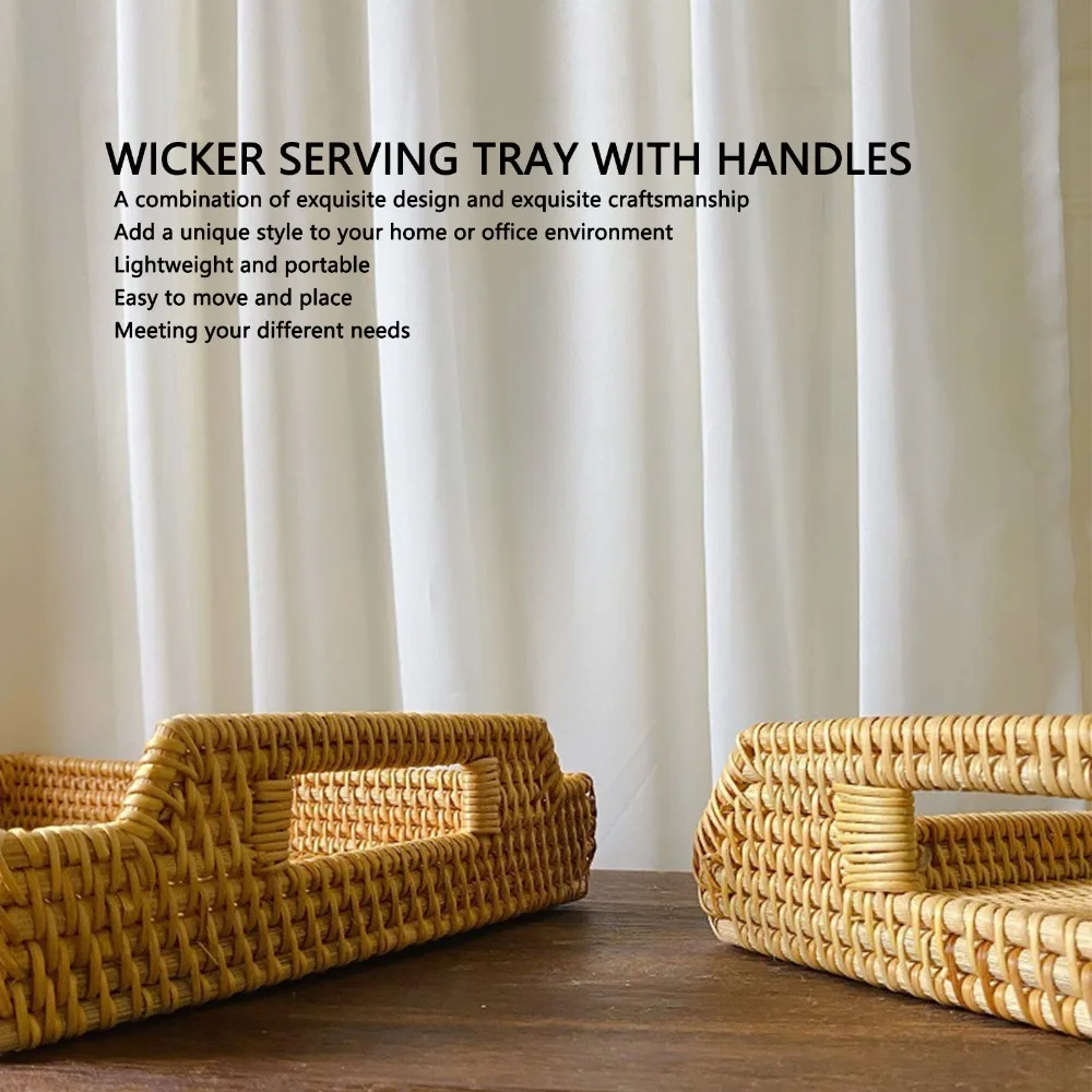 Woven Fiber Tray with Handles Woven Craft Rectangular Decorative Tray Side Handles Lightweight Serving Tray Coffee Table
