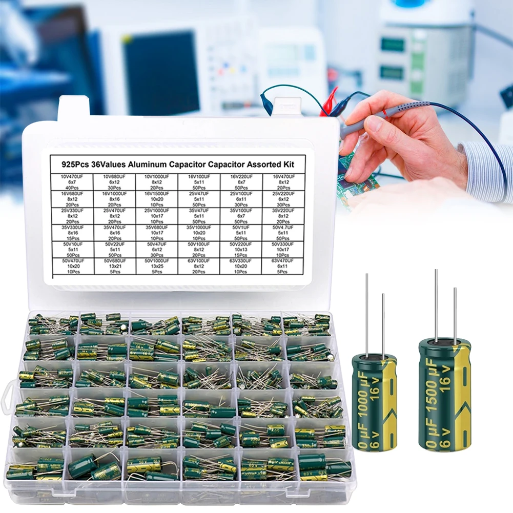 15/24/36 Values 225/460/925Pcs Aluminum Capacitors Set 16V-50V Aluminum Electrolytic Capacitors Assortment Kit for DIY Projects