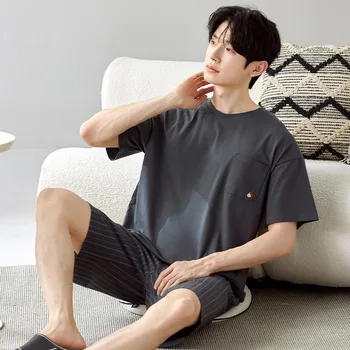 Nieuwe Ins Koreaanse Eenvoudige Solide Pyjama Mannen Jonge Jongen Korte Mouw Pullover Casual Huiskleding Katoenen Pjs Ademende Nachtkleding Homme