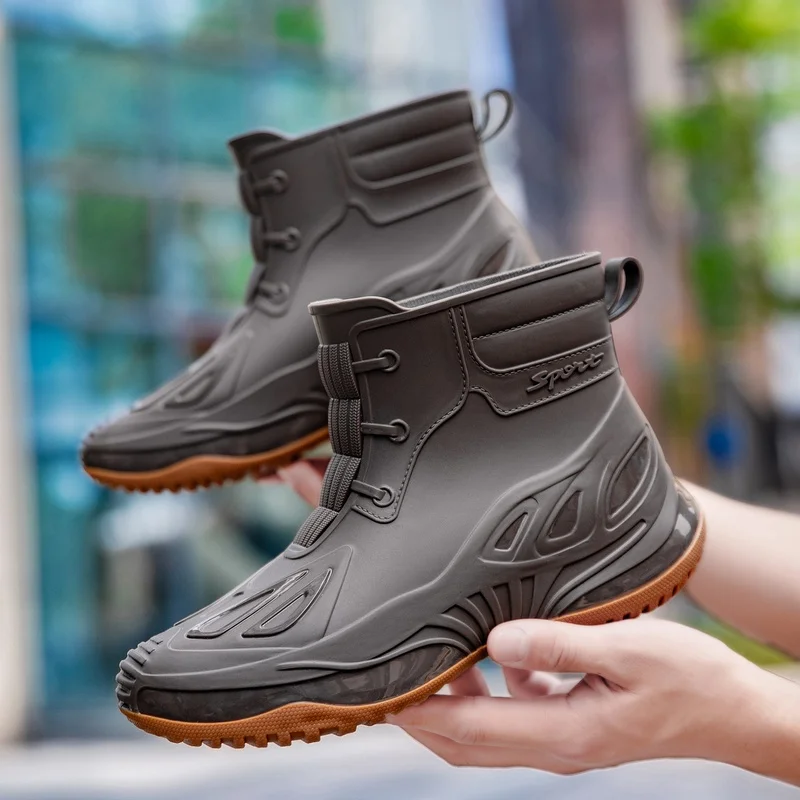 Men Mid Calf Rain Boots Waterproof Non-slip Rubber Work Boots Lace Up Outdoor Fishing Boots Wear-resistant Kitchen Water Shoes
