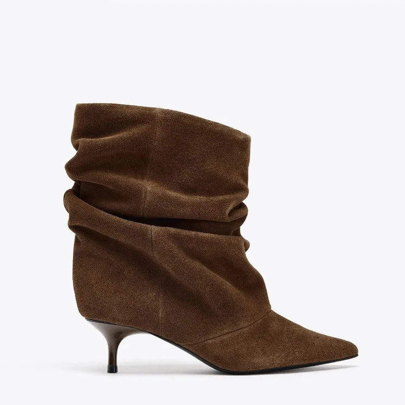 2026 Spring New Pleated Pile Mid-calf Boots Women's Pointed Toe Versatile Retro Stiletto Shoes