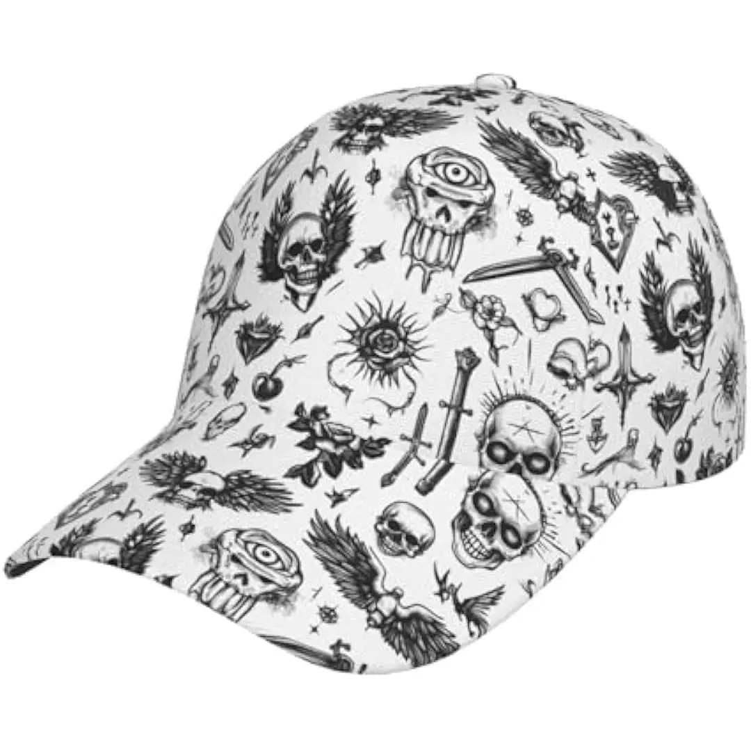 Black White Tattoo Style Skull Gothic Elements Print Adjustable Baseball Cap Hiking Running Dad Golf Hat Black
