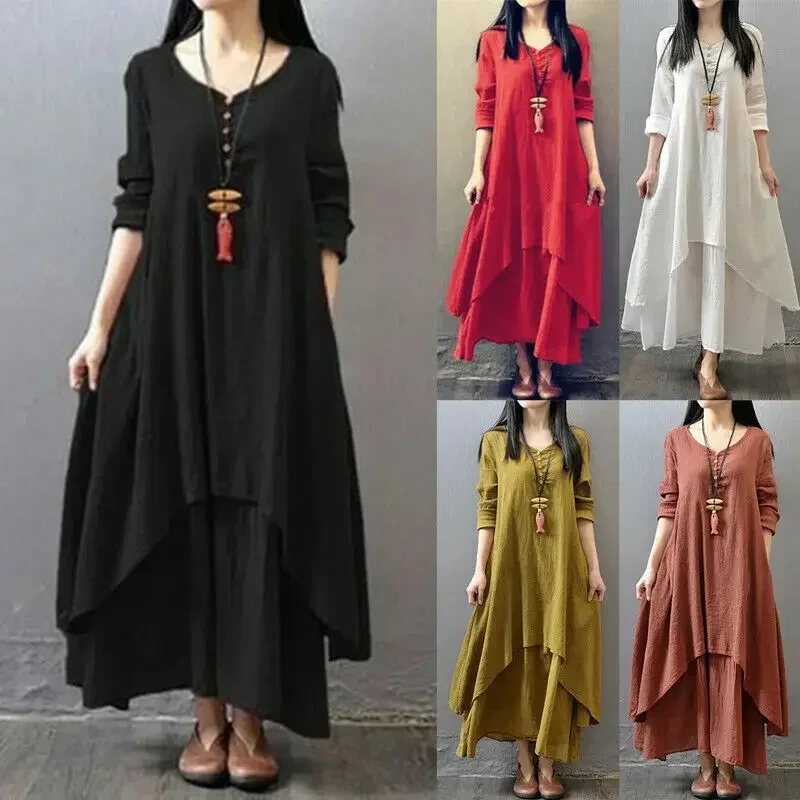 Primavera otoño mujeres Maxi vestidos Casual de manga larga Bohe algodón mujer Casual moda suelta larga con botón vestido de Color sólido