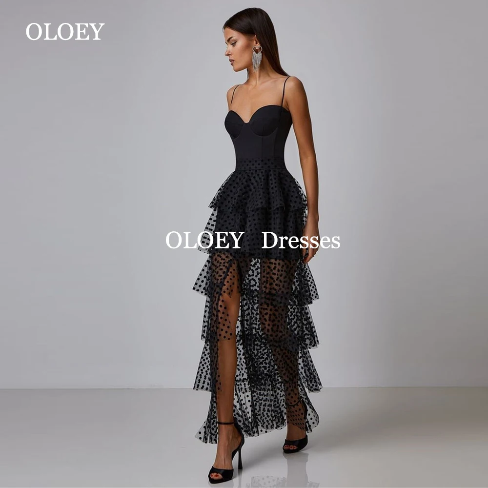 

OLOEY Sexy Black Lace Party Dresses Spaghetti Straps Illusion Dots Evening Gowns Floor Length Layered Tulle Customized