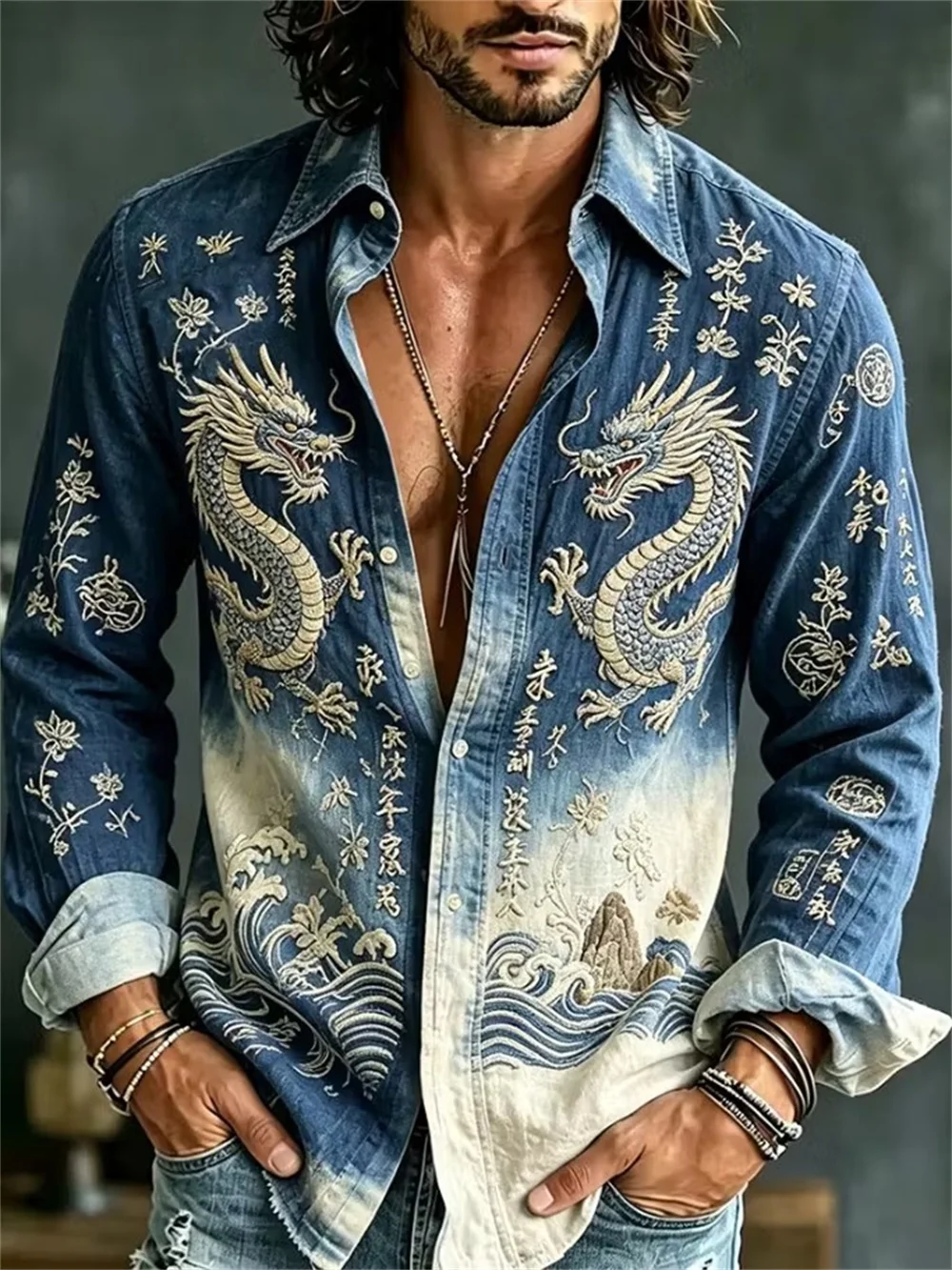 Men's Retro Oriental Long Sleeve Shirt Chinese Dragon Wave Flower Print Lapel Button Cardigan Casual Loose Daily Holiday Top