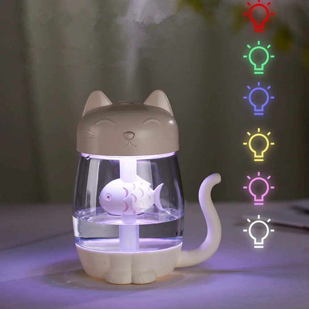 Pelembap udara kucing 350ML, lampu LED warna, penyebar Aroma USB, makanan kucing ultrasonik