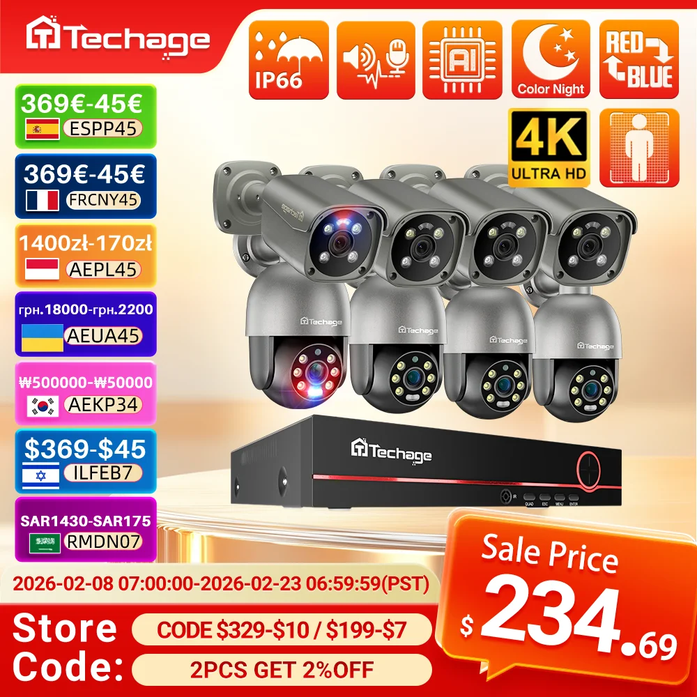 

Techage 4K 8MP Security Camera Kit Night Vision Smart AI Detected Email Alert Outdoor Home CCTV Surveillance Camera System