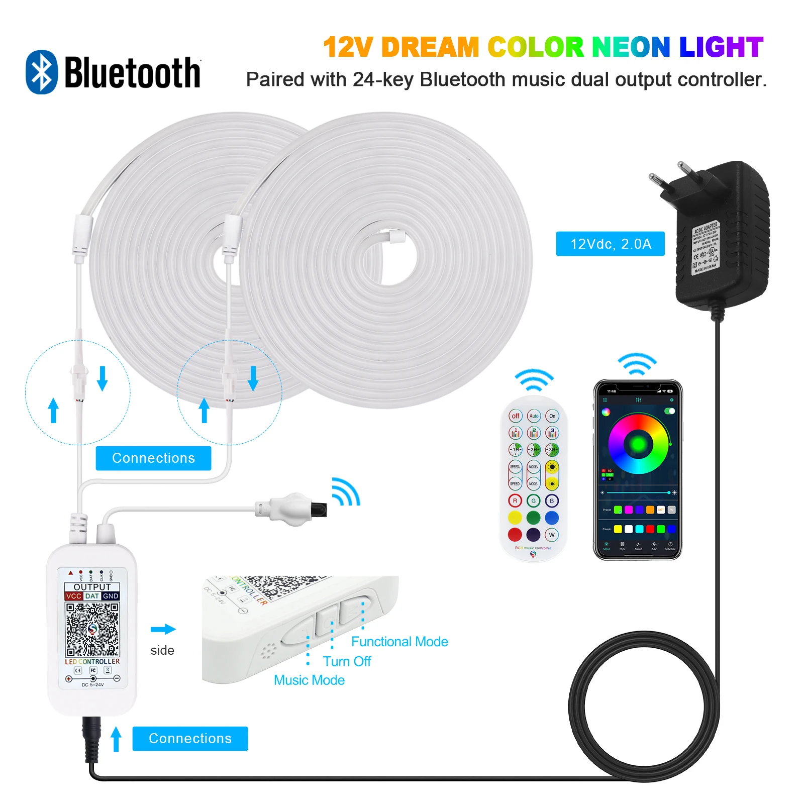 Imagem -06 - Rgbic Tira de Néon 84leds m Bluetooth App 24 Teclas Controle Remoto Sonho Cor Perseguindo Fita de Luz de Tira Led 1m 3m 5m 10m 20m 12v 24v