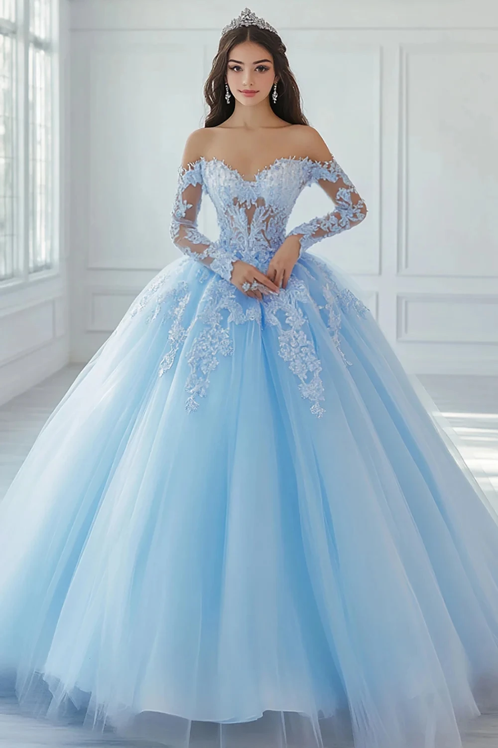 

Sky Blue Quinceanera Dresses Full Sleeves Lace Appliques Formal Party Ball Gown Sheer Neck Special Occasion Prom Gowns