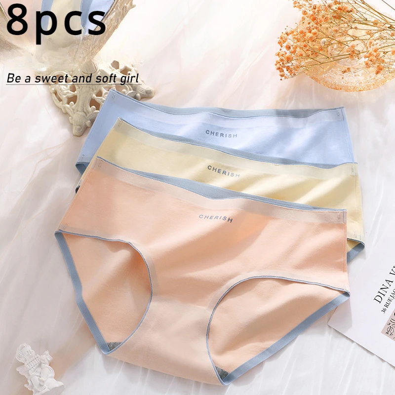 8pcs Mid waist Solid seamless Sexy panties Cotton briefs women's Maiden underwear for set sensual lingerie woman Underpants