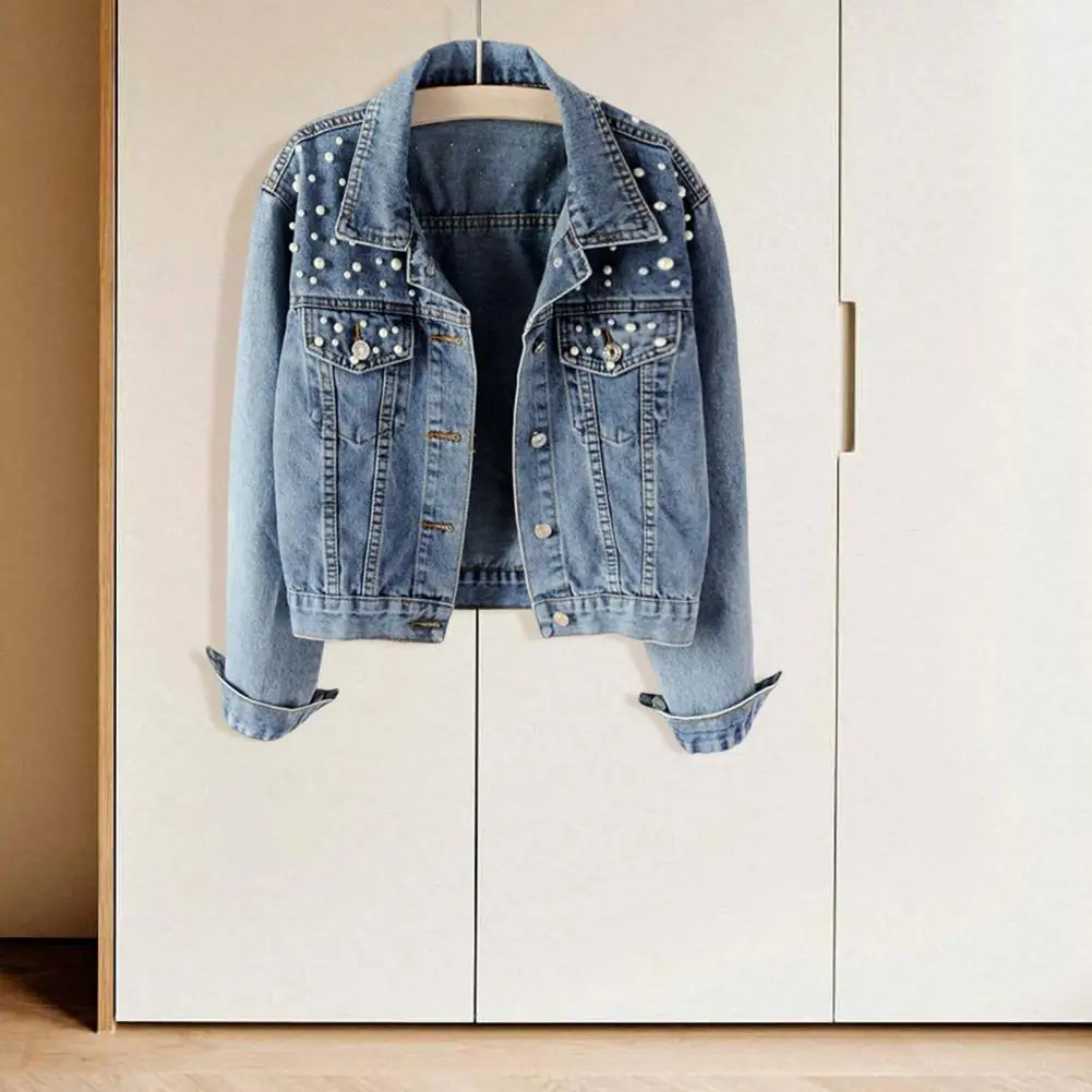 

Stylish Women Coat Solid Color Firm Stitching Lady Denim Jacket Classic Style Women Coat