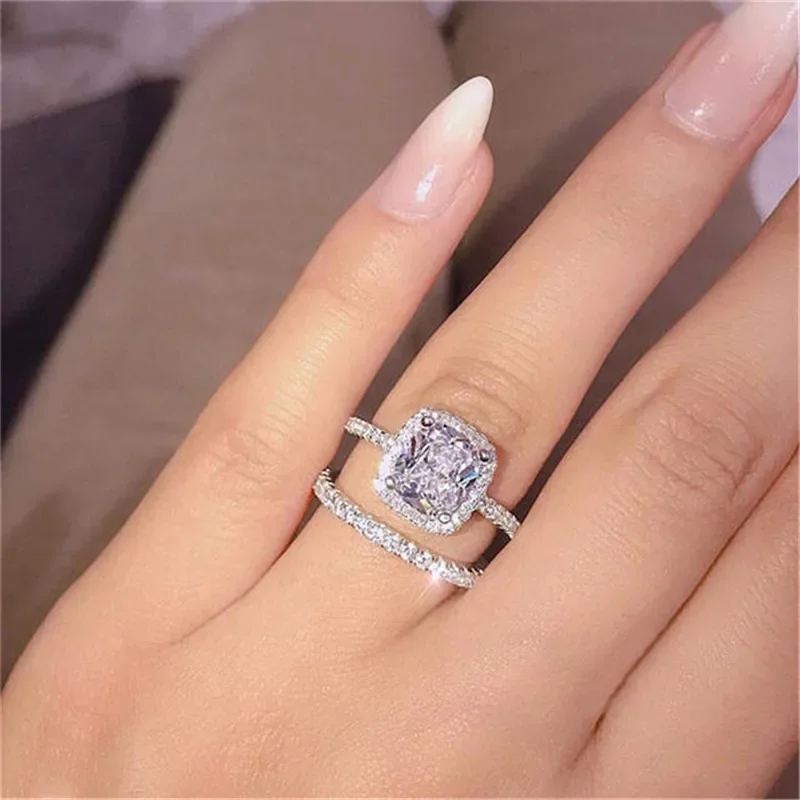 Luxury Wedding Engagement Ring Set with Full Bling Iced Out Crystal Rhinestone Zircon for Women Party Fashion Jewelry