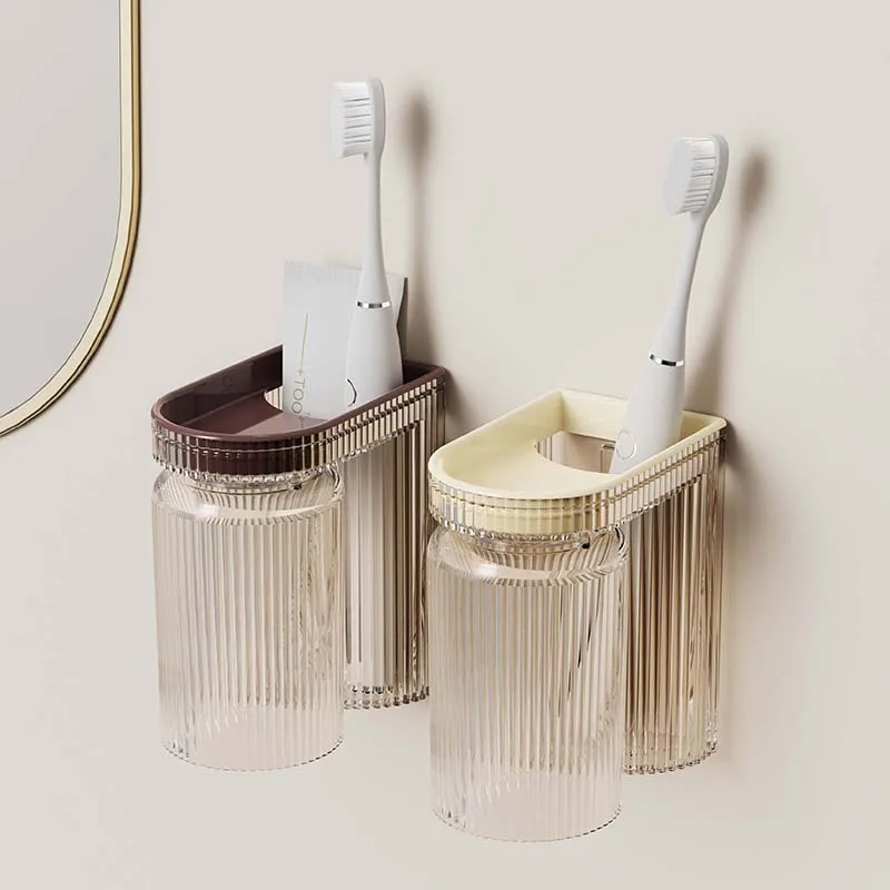 Magnetic Mouthwash Cup Set with Toothbrush Holder and Toothpaste Dispenser, Wall-Mounted Design for Bathroom