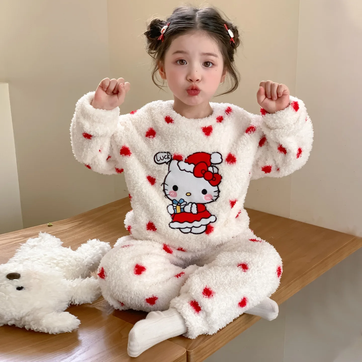 

2Pcs Hello Kitty Girls Pajama Set Kawaii Anime Sanrio Winter Flannel Warm Thicke Pullover Pants Cartoon Homewear Christmas Gift