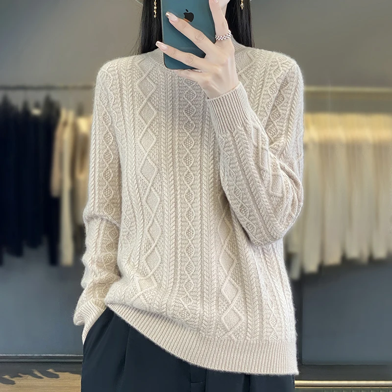 Halber Roll kragen pullover Herbst und Winter verdickter Pullover rautenförmiger, verdrehter Pullover mit mittlerem Kragen und Hemd für Frauen