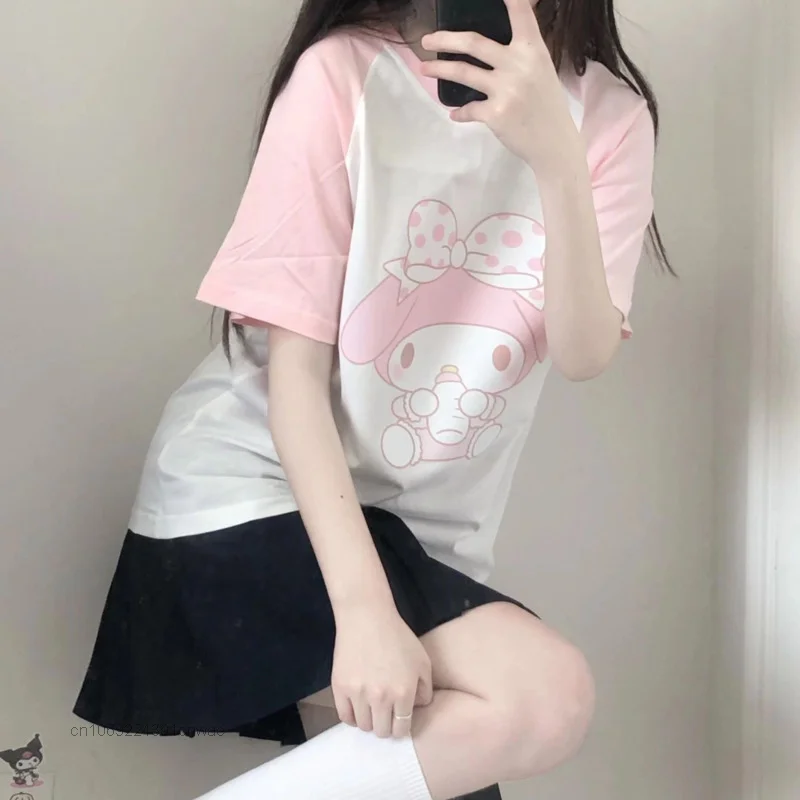 Sanrio-Camiseta de manga corta My Melody para mujer, Top de Anime de dibujos animados Kawaii, ropa Cutecore, blanco Y rosa, 2k, estudiante de verano