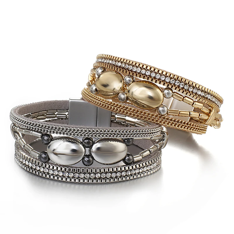 Amorcome Elegant Irregular Metal Bead Chain Multilayer Leather Bracelet Women Stackable Bracelet Exquisite Jewelry Accessories