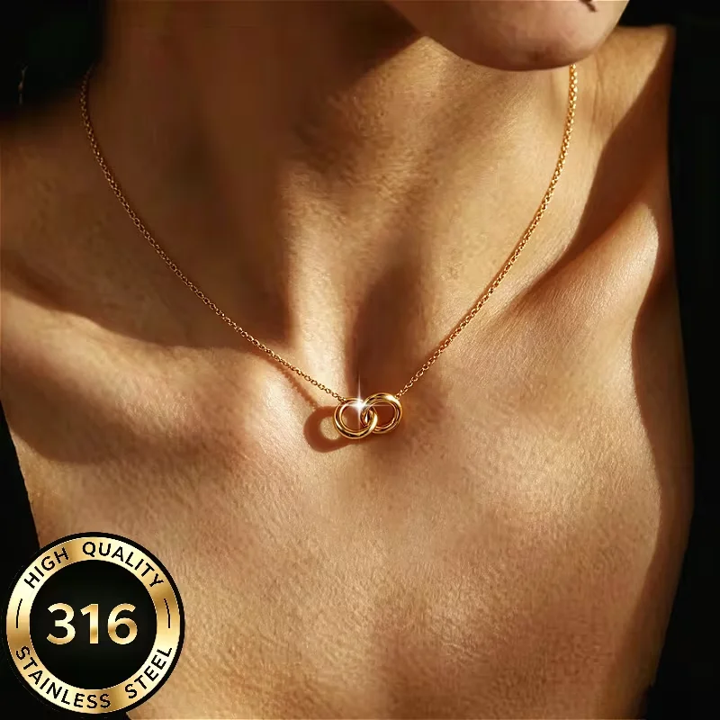 Women Trendy Interlocked Double Circle Pendant Necklaces Minimalist Stainless Steel Collar Simple Round Two Rings Neck Jewelry