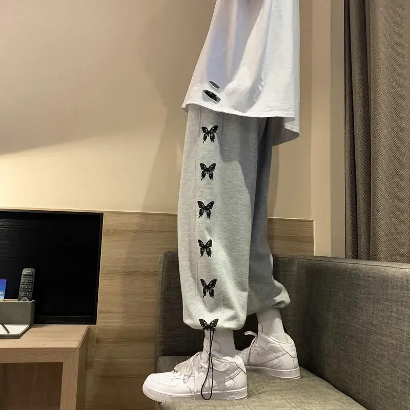 Autumn Winter Butterfly Print Casual Sweatpants Men Elastic Waist Loose Sport Pants Drawstring Pants Big Size Trouser Streetwear