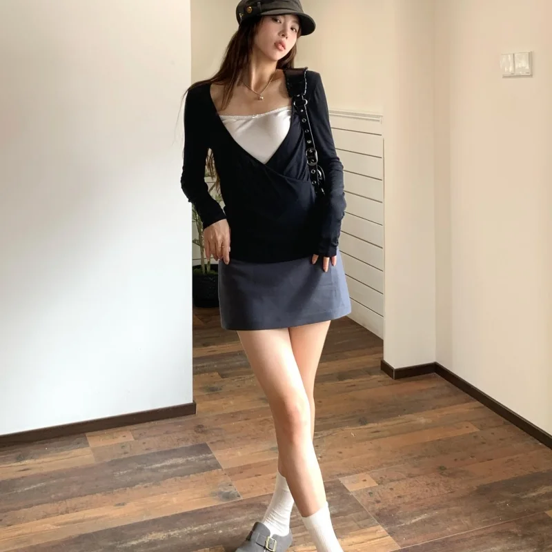 Damen Farbblock-Oberteil mit Langen Ärmeln in Schwarz, Einzigartiges Falsches Zweiteiler-Layering-Oberteil im Koreanischen Stil, Weiches Büro- und Freizeit-Top für den Herbst – Detail 21