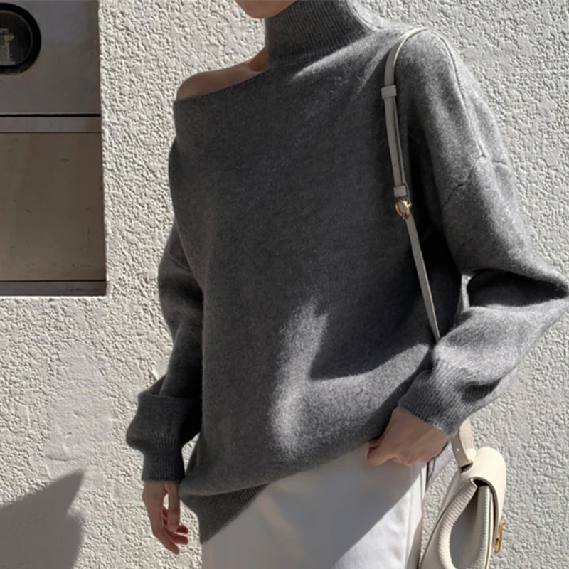 ITOOLIN Autumn Women One Shoulder Hollow Out Sweater Turtleneck Long Sleeve Knit Pullovers Women Loose Causal Sweater Winter