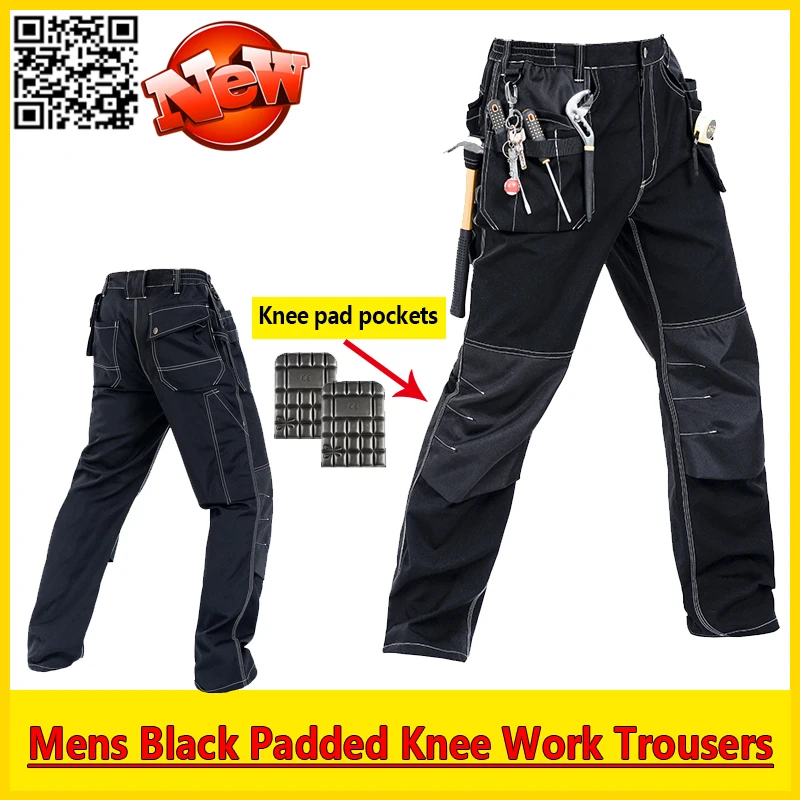 Bauskydd Mens Durable Mechanic Work Trousers Black Work Pants with EVA Knee Pads