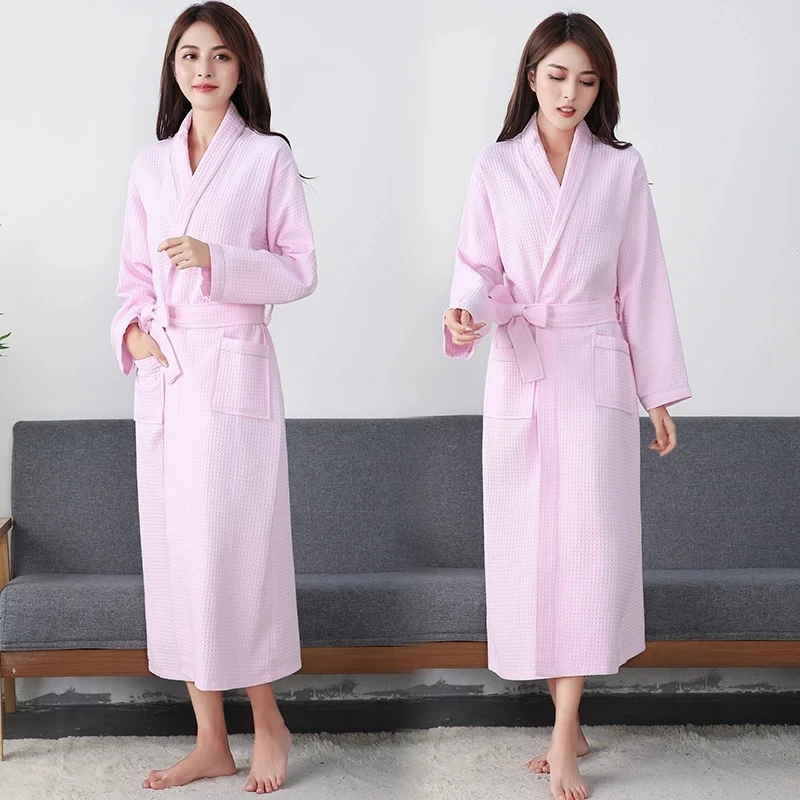 เสื้อคลุมอาบน้ําผู้หญิง 100% วาฟเฟิลผ้าฝ้ายยาวพิเศษ Robe Solid Robe หญิงยาวสบายๆชุดนอนชุดนอนสําหรับสตรี Robe ฤดูใบไม้ผลิ