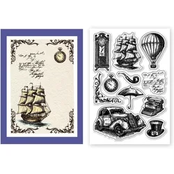 Vintage Clear Stamps Car Boat Wall Clock Transparent Silicone Stamps Retro Art Silicone Clear Stamp for Cards Making DIY