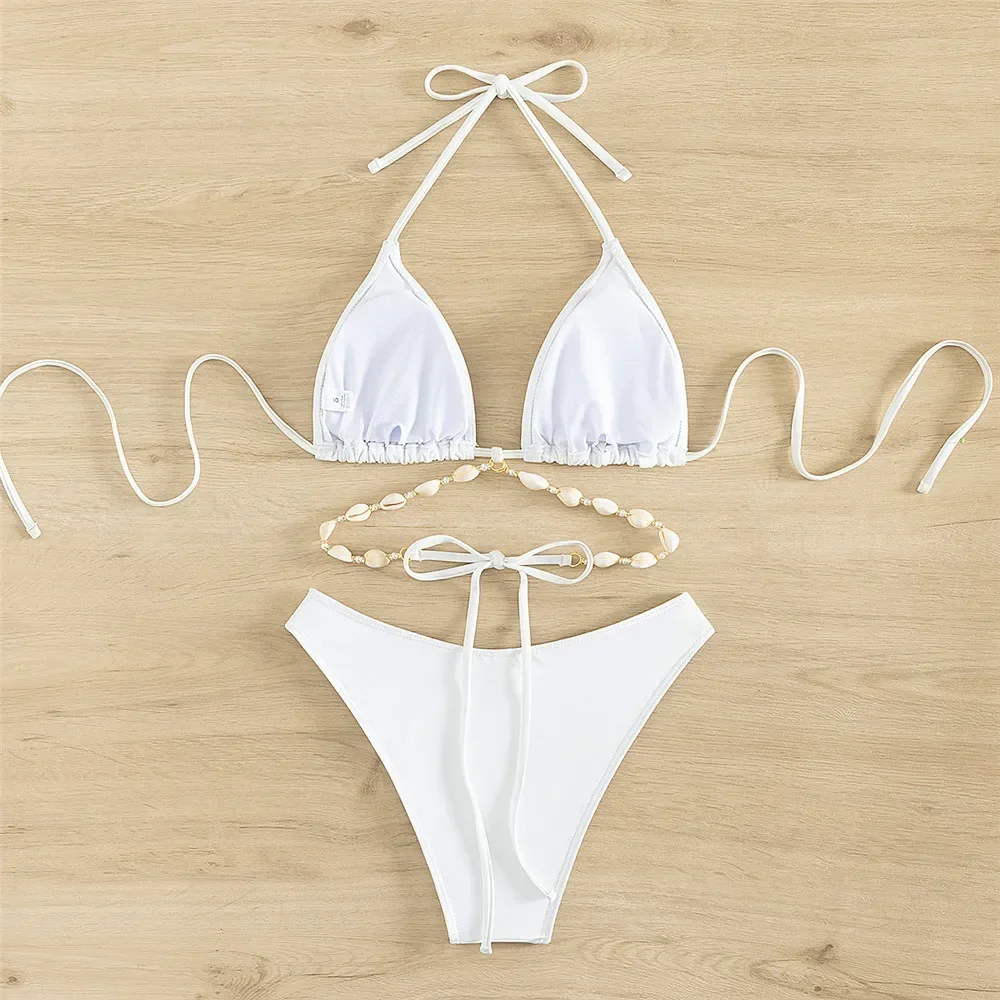 Sexy White Shell String Halter Triangle Bikini Set Women Swimwear Micro Thong Swimsuit Bathing Suit Mini Bikinis 2024 Mujer Swim