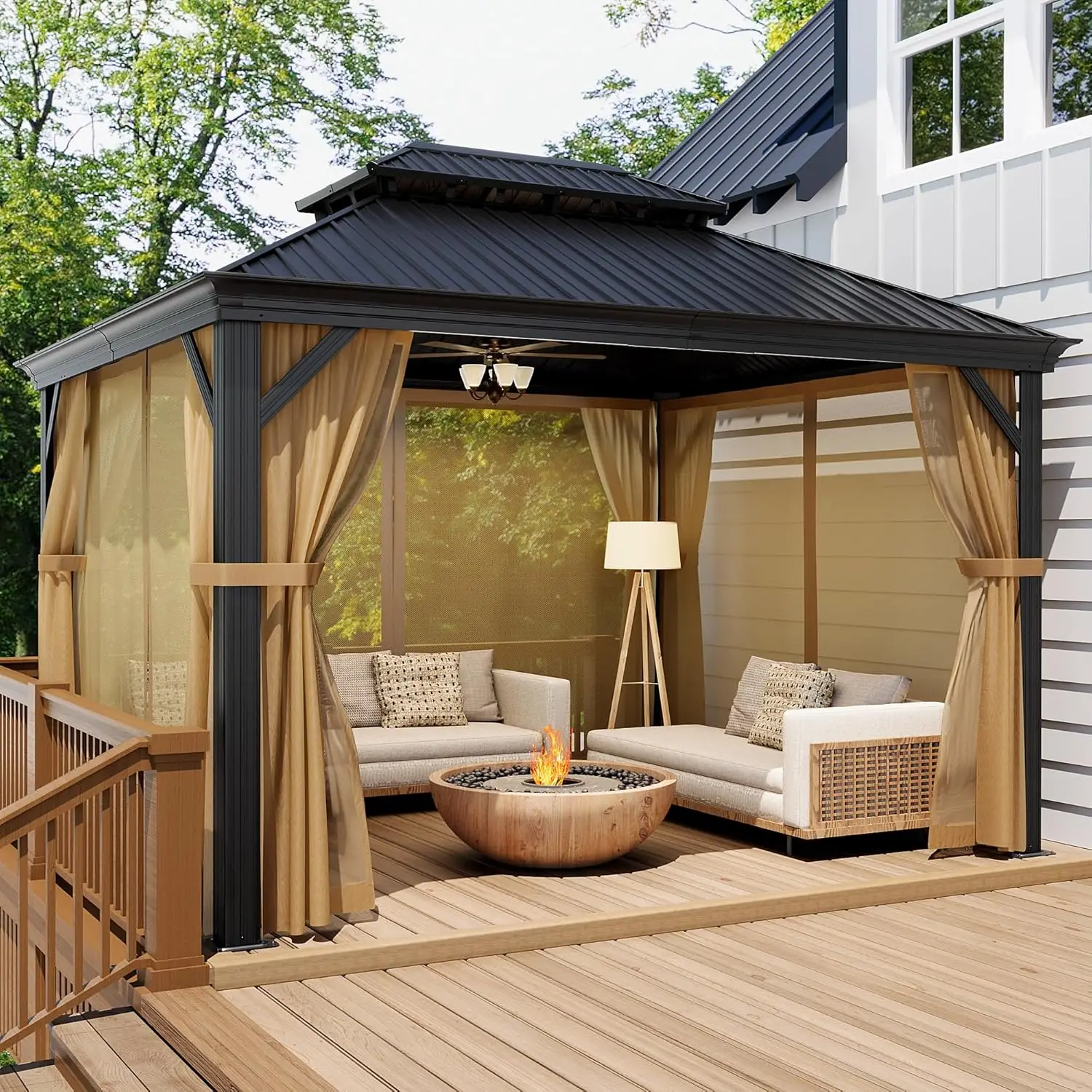 

10X12 FT Hardtop Gazebo ,Rustproof Double Roof Metal Gazebo with Steel Columns & Netting Curtains Poolside,Outdoor Pavilion