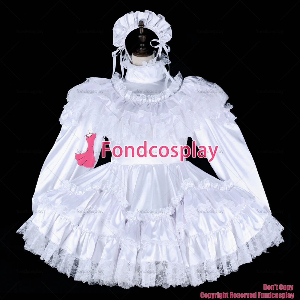 fondcosplay adult sexy cross dressing sissy maid short white satin dress lockable lace Uniform costume CD/TV[G2327]