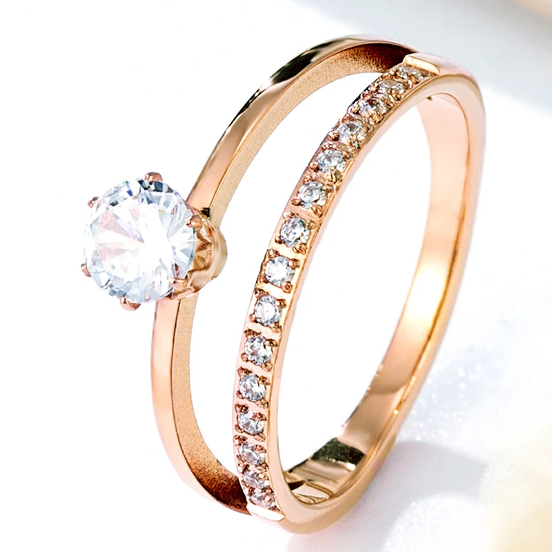 Klassisches Design, Doppelzinken-Set, Kristall- und Zirkon-Ring, Edelstahl, hochwertiger Schmuck, Hochzeitspaare, romantische Geschenke – Detail 7