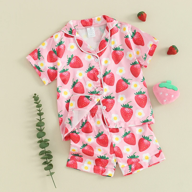 Kids Girls Summer Pajama Sets Short Sleeve Lapel Shirt Strawberry Print Shorts 2 Pieces Sleepwear for 1 Years to 7 Years