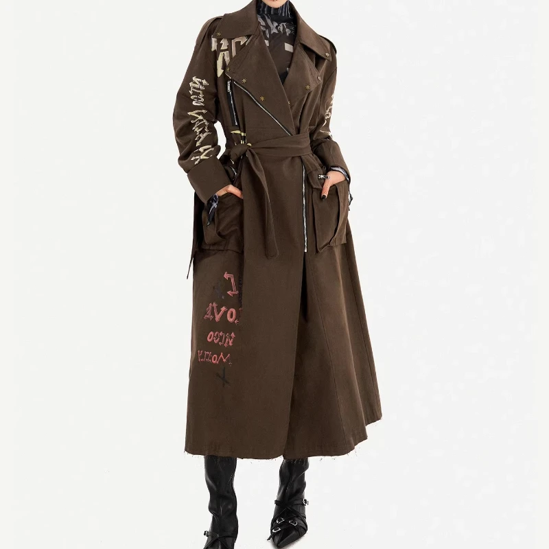 Original Retro Dedign Punk Style Long Brown Women's Trench Coat 2026 Spring New Suit Collar Loose Sweet Cool Feel Jackets Ladies