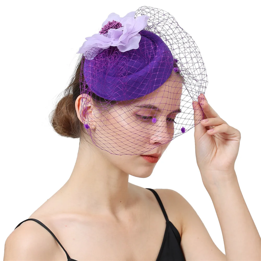 Gril Purple Floral Hair Fascinator Hat Cover Face Veils  Headband Cocktail Party Wedding Church Fedoras Kentucky Derby Accessory