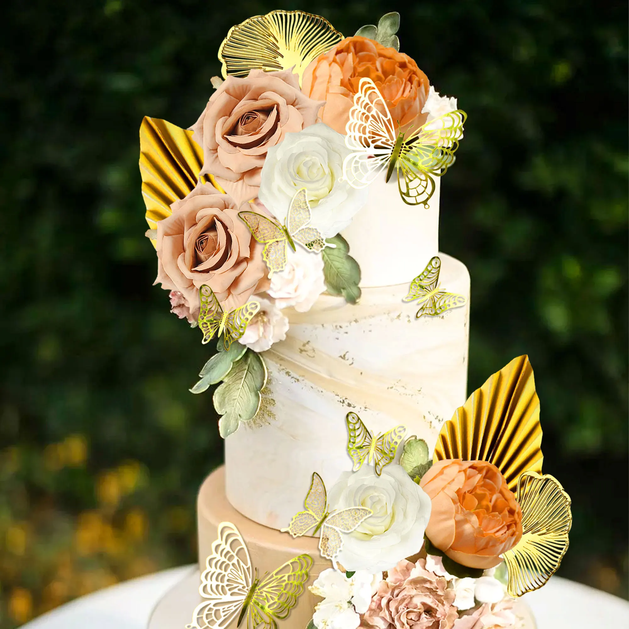 زينة كعكة زهرة لافينتي، زينة كعكة بيضاء وردية، أوراق النخيل، فراشة لمستلزمات الزفاف في عيد الحب #4