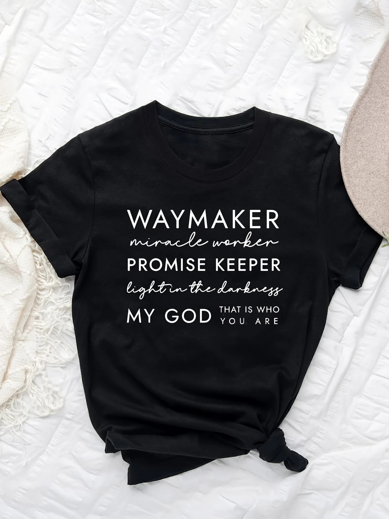 

Waymakes Letter Print T-Shirt Christian Faith Short Sleeve Crew Neck Casual Top for Spring & Summer Women's Clothing