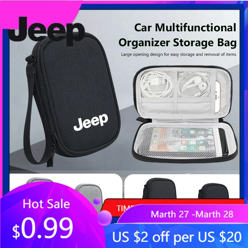 

For Jeep Car Cable Drive Earphone Charger Protable Storage Bag For Jeep Grand Cherokee Wrangler JK Gladiator Compass Renegade