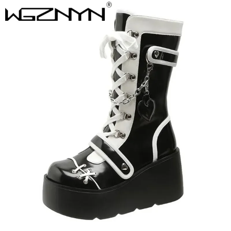 2024 Kawaii Sweet Gothic Platform Mid Calf Boots Women Street Autumn Wedges High Heels Punk Boots Girls Cute Cosplay Women Shoes