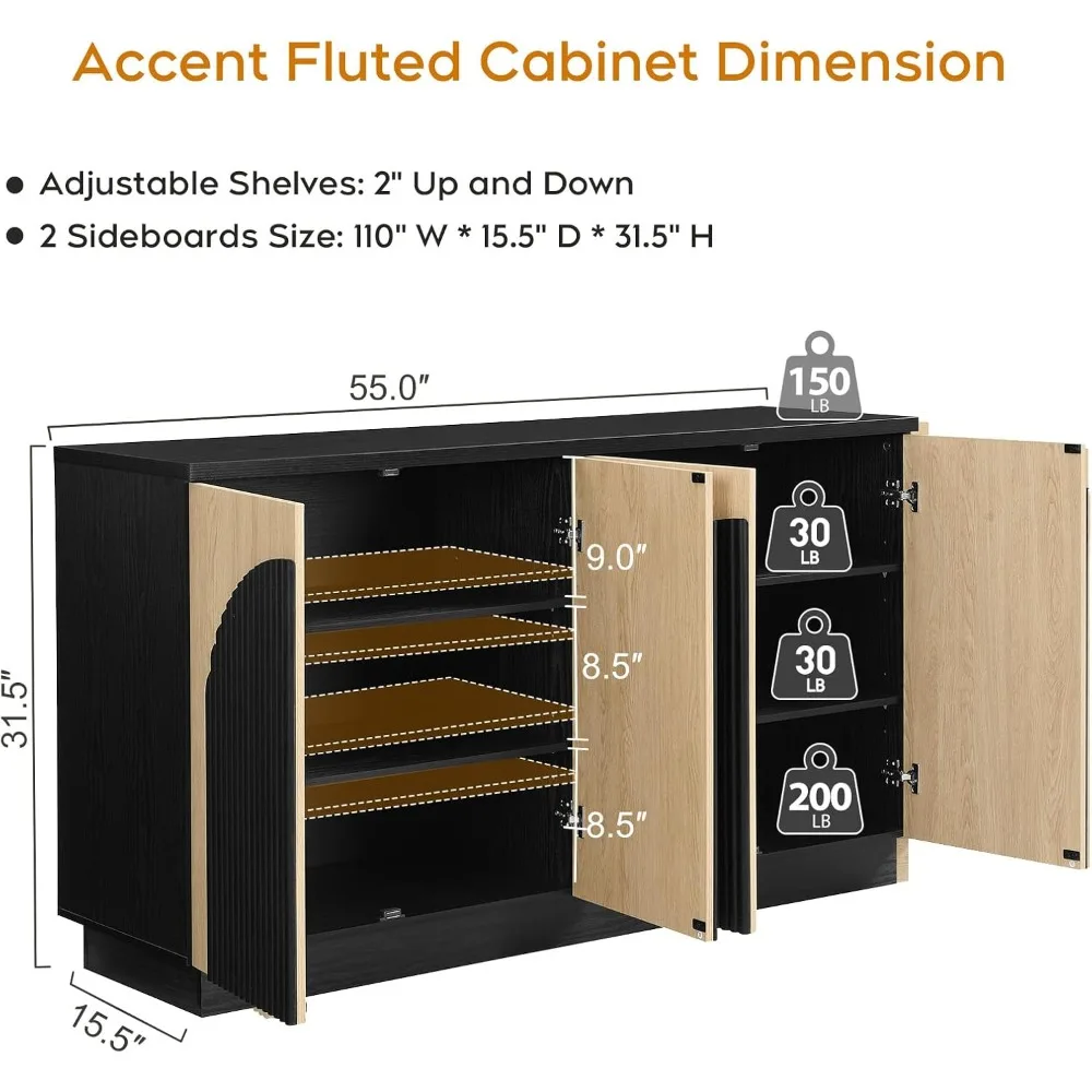 Accent Sideboard Buffet Cabinet with Arched Reeded Doors, Fluted Modern Credenza Storage Cabinet with 2 Adjustable Shelves