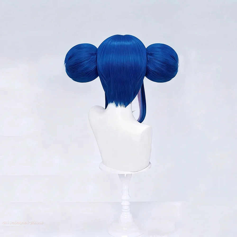 أنيمي فرسان غينيفير شعر مستعار تأثيري المرأة لوليتا الأزرق مزدوجة الكعك الشعر مقاومة للحرارة شعر مستعار اصطناعي دعامة الهالوين