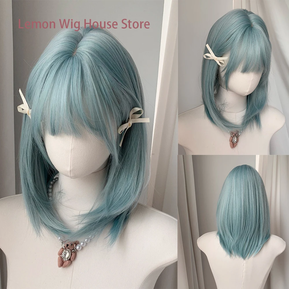 Blue-gray Synthetic Wig with Bangs High-Layered Collarbone Hair Wig for Women Daily Cosplay Wig Lolita Layered Wigs Halloween