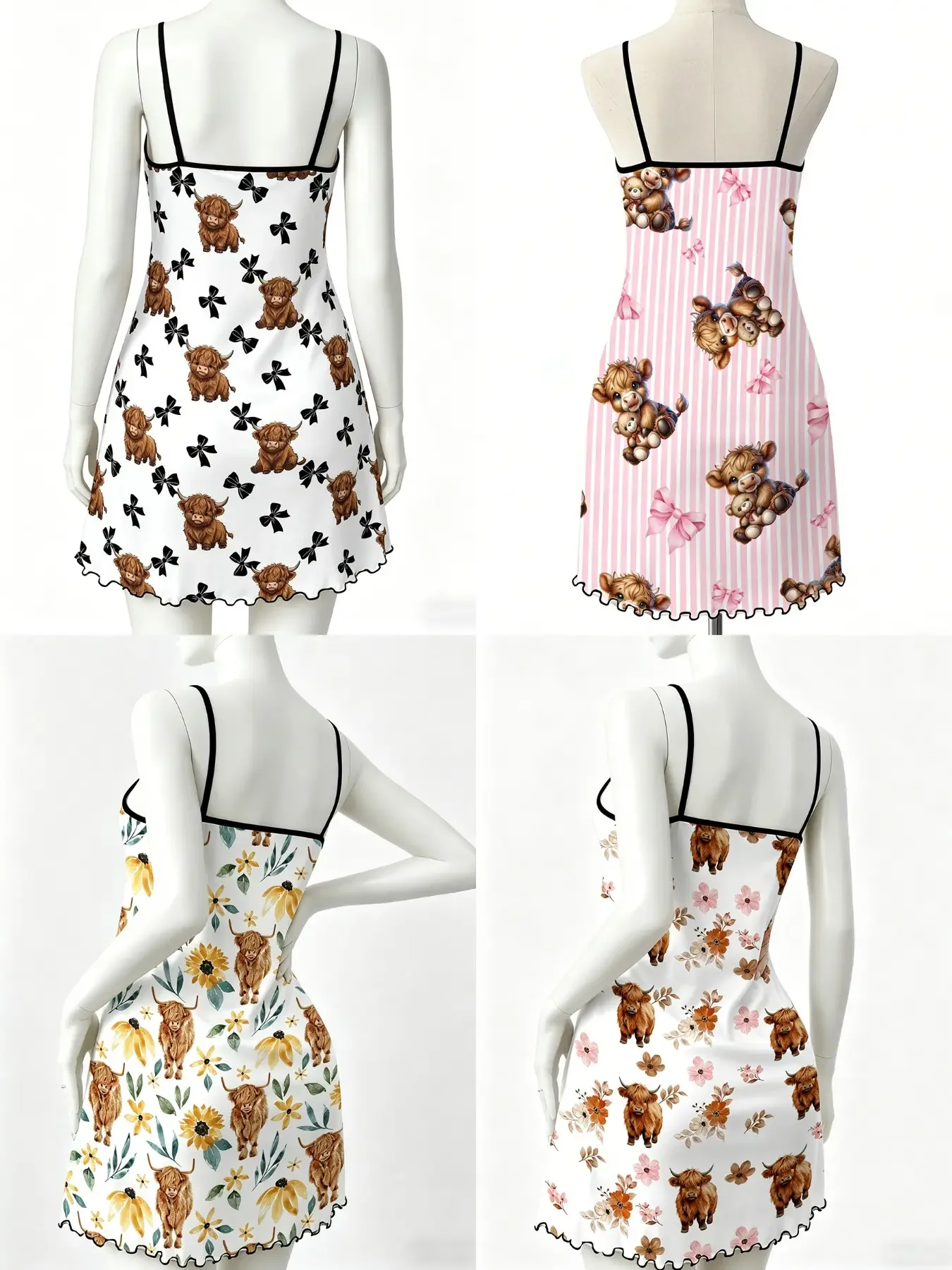 4-Pack Cute Highland Cow Print Nightdresses, Strapless Ruffle Hem, Breathable Lightweight, Perfect for Spring Summer, Daily Home Wear, Nightwear