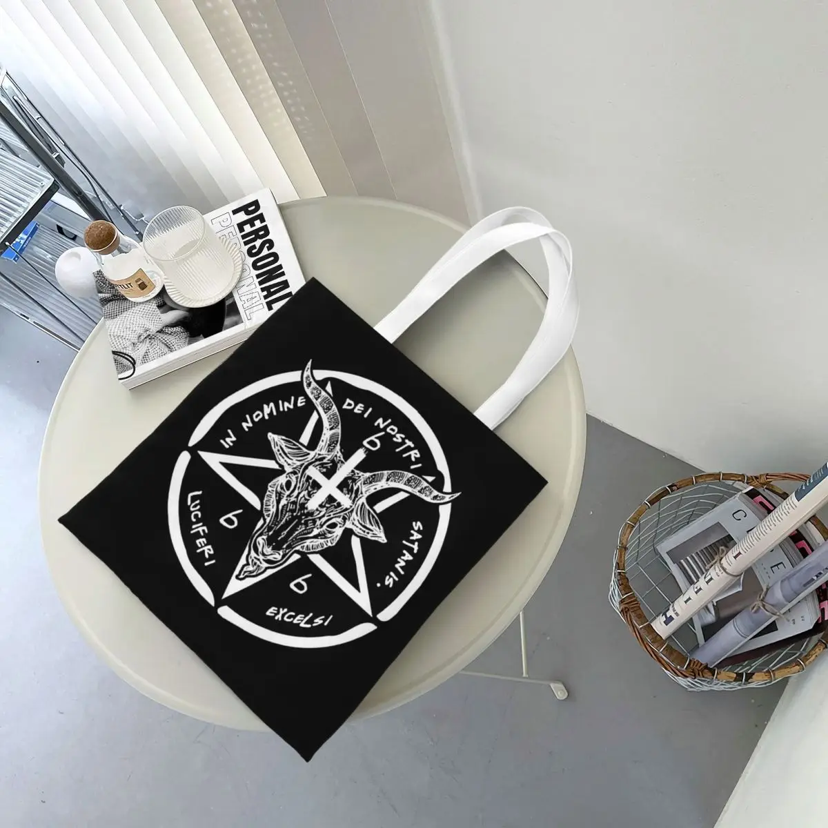 Occulte satanische pentagram boodschappentassen canvas de draagtas opvouwbaar voor dames schoudertas reishandtas