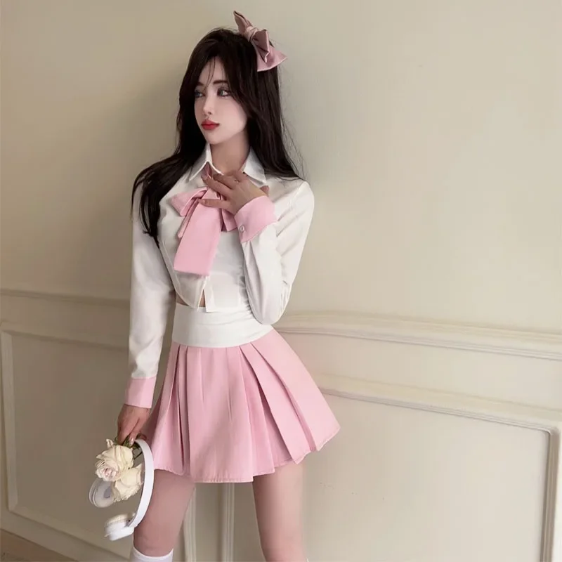 Gege's Online Celebri Preppy Age-Reducing Bow Short Shirts + High Waist Pleated Jk Uniform Skirt sets