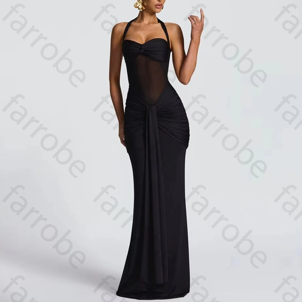 Abiti da sera eleganti senza maniche con cinturino per spaghetti Abito lungo con pieghe senza schienale Squisiti abiti da ballo di alta qualità personalizzati