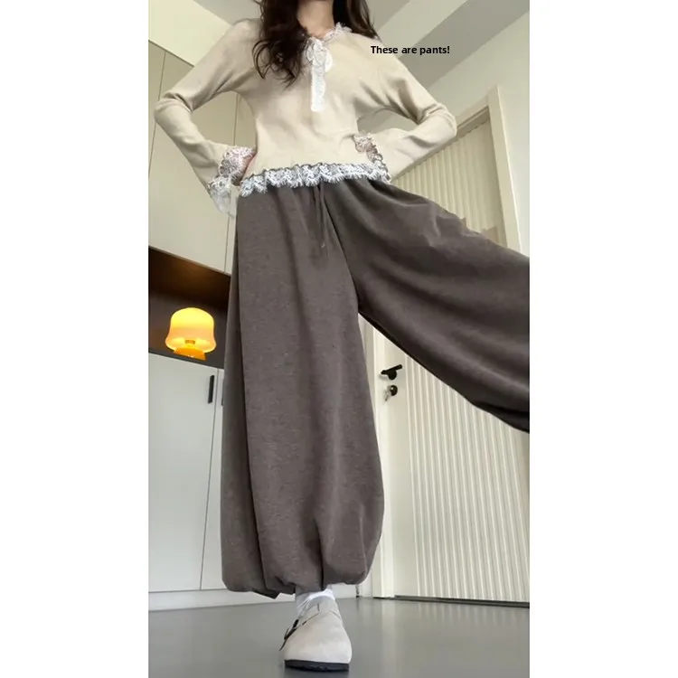 Khaki Faul Gestrickte Reis Nudel Hosen Rock frauen Hohe Taille Lose Beiläufige Frühling Herbst Neue Sle Breite Bein ket hosen