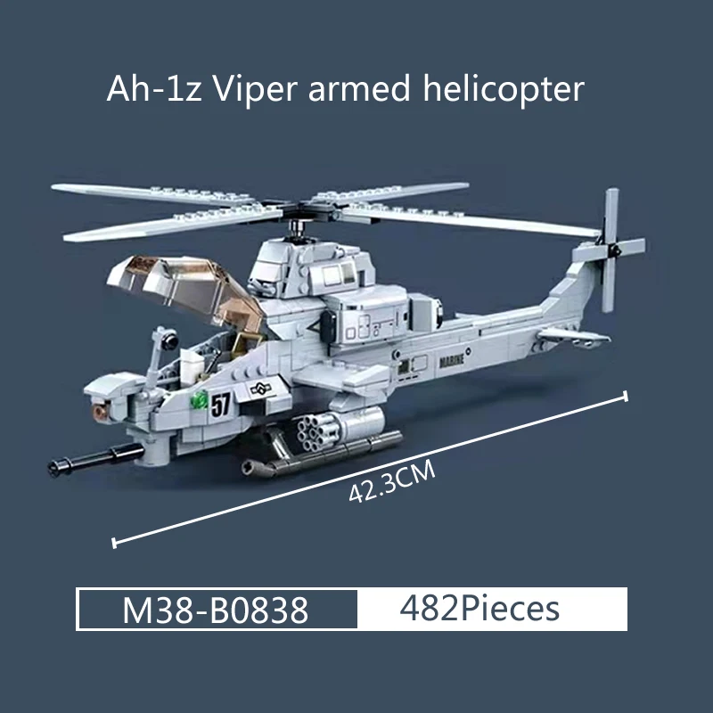 

482PCS WW2 Military Series AH-1Z VIPER Helicopter Motorcycle Building Blocks Fighter DIY Bricks Plane Soldier Toys For Boys Gift