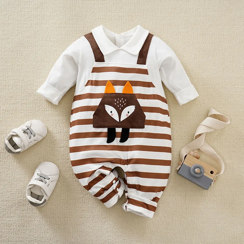 0-18m Newborn Clothing Cute Cartoon Strap With Fox Print For Comfortable And Soft Spring And Autumn Long Sleeved Baby Jumpsuit